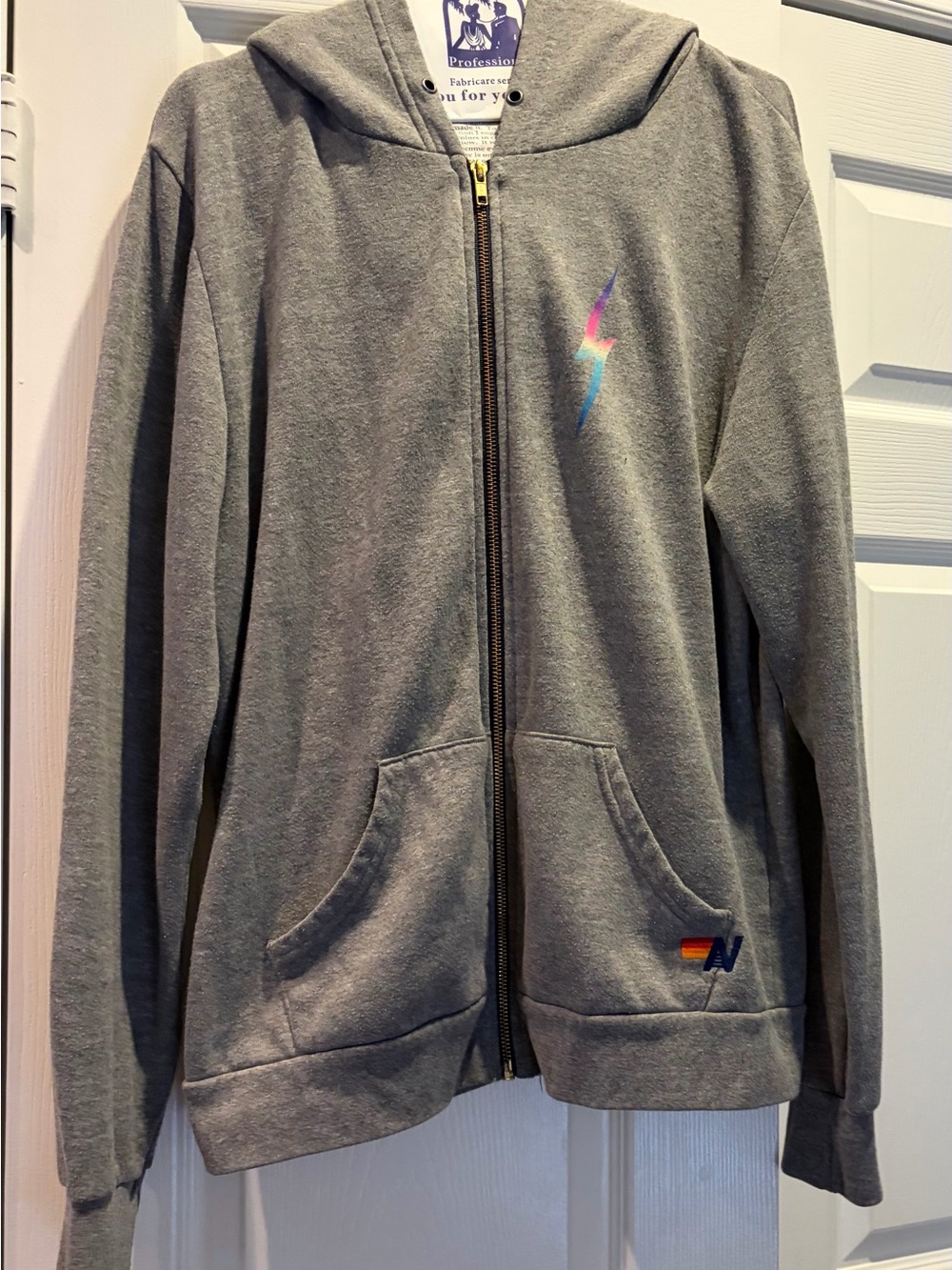 Aviator Nation Grey Zip Hoodie with Rainbow Lightning Accent
